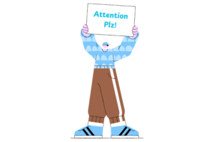 Cartoon character holding a signboard with the text Attention Plz for disclaimer notification
